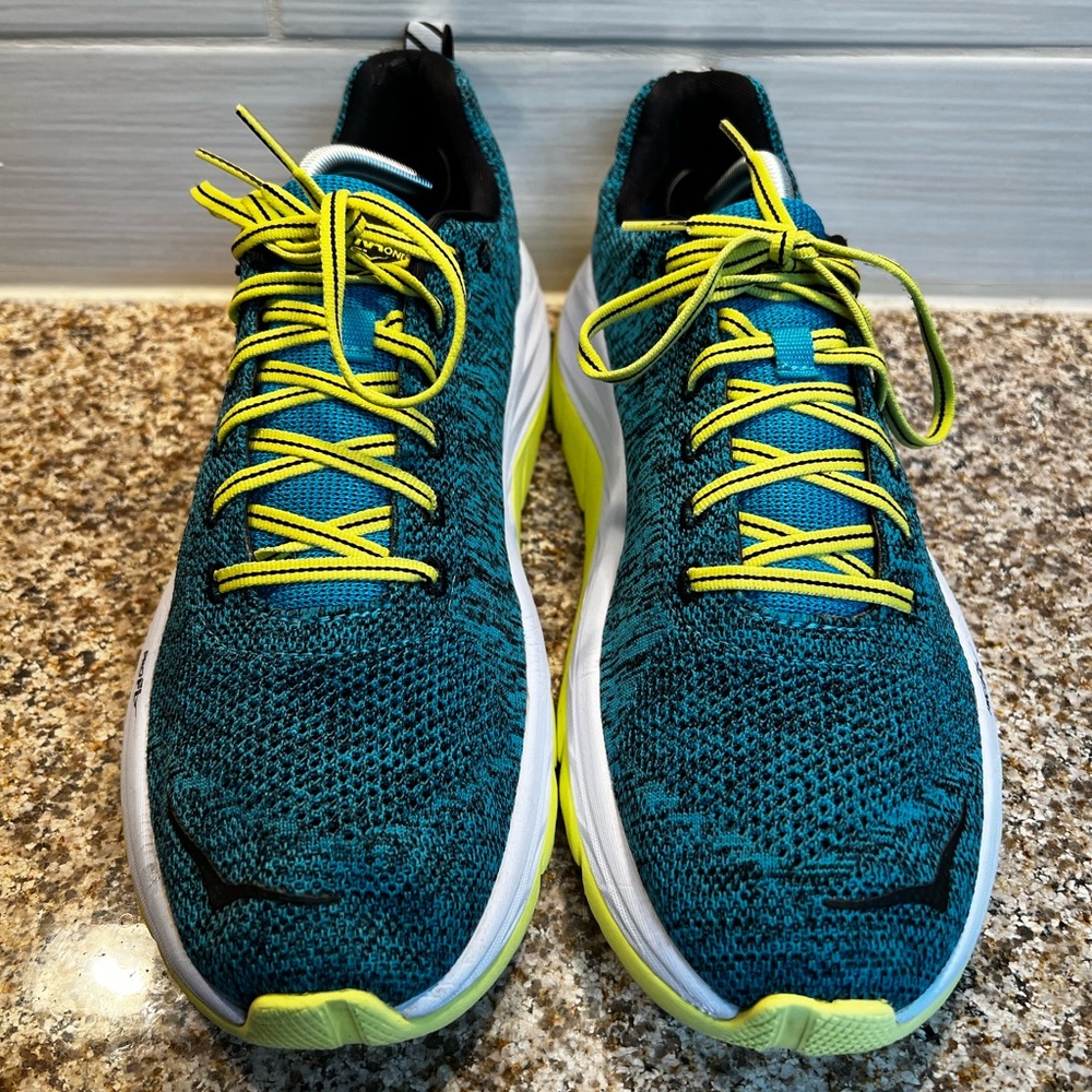 Hoka Teal Knit Running Shoes with Yellow Accents